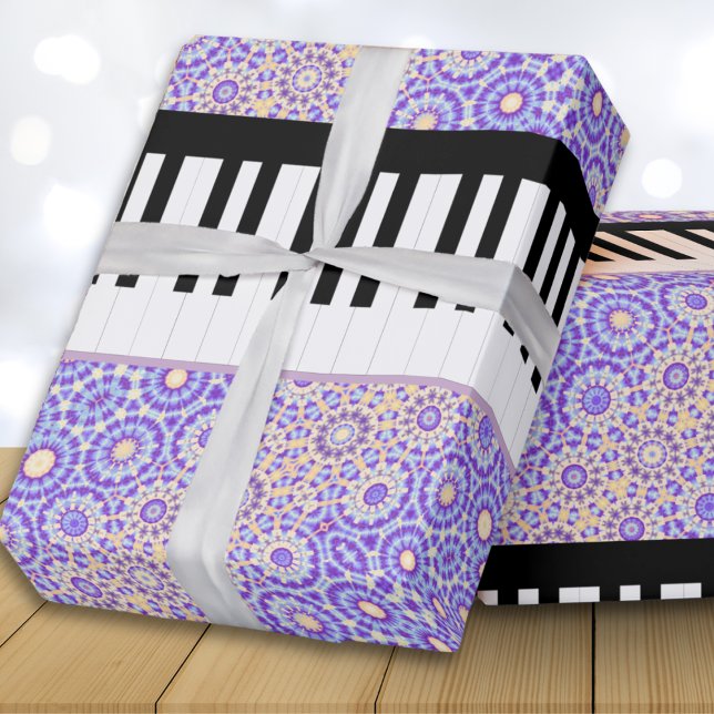 Piano Keys Pretty Lilac Patterned Wrapping Paper (Stylish gift wrapping paper with black and white piano keys and abstract lilac and cream pattern)