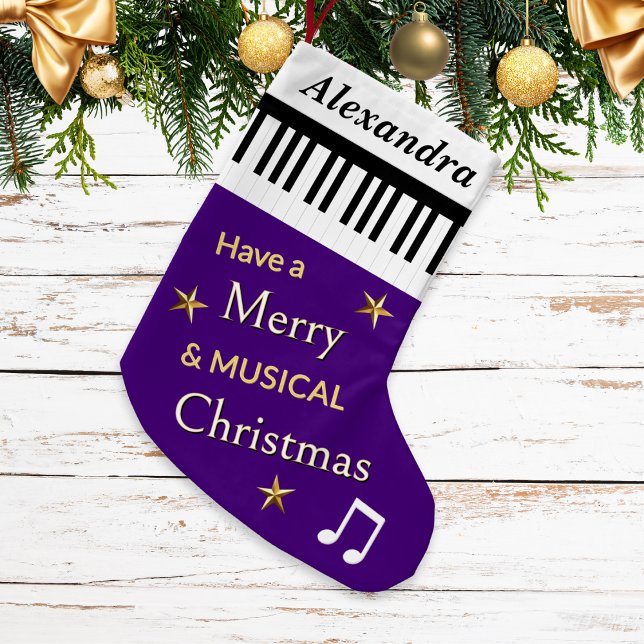 Piano Keys Purple Musical Instrument Custom Name Small Christmas Stocking (A personalized, purple Christmas stocking with black and white piano keys and festive greeting)