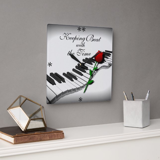 Piano Keys & Red Rose Wall Square Wall Clock (Office)
