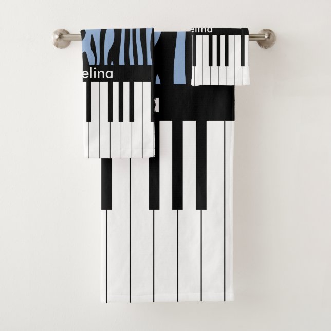 Piano Keys Sky Blue and black Zebra Print Bath Towel Set (Insitu)