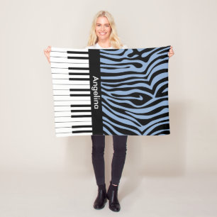 Piano Keys Sky Blue and black Zebra Print Fleece Blanket