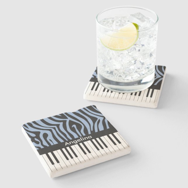 Piano Keys Sky Blue and black Zebra Print Stone Coaster (Side)