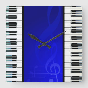 Piano Keys with Blue Effect Musical Notes Square Wall Clock