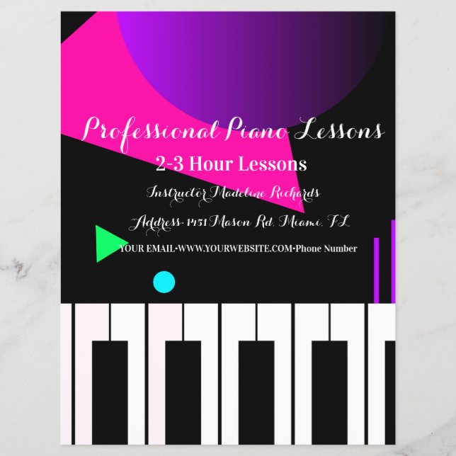 Piano Lesson Neon Keyboard Instructor Tutor Flyer (Front)