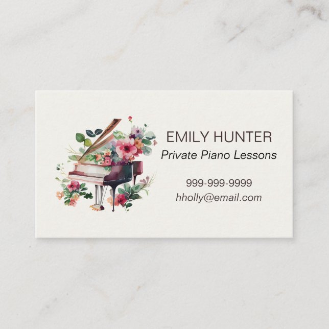 Piano Lessons Business Card with Floral Piano (Front)