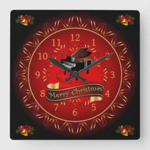 Piano ~ Merry Christmas ~ Maroon & Black ~  Square Wall Clock