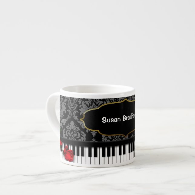 PIANO/MUSIC Espresso Mug with Piano Keys/Damask (Front Left)