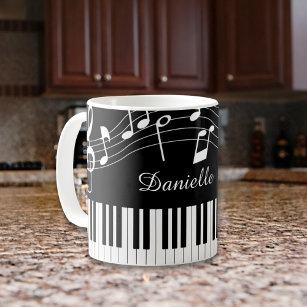 Piano Music Notes Script Name Black White Coffee Mug