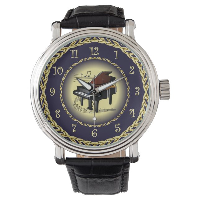 Piano Musical Scroll ~ Gold and Navy Blue ~  Watch (Front)