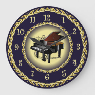 Piano ~ Musical Scroll ~ Gold/Navy Blue ~  ~   Large Clock