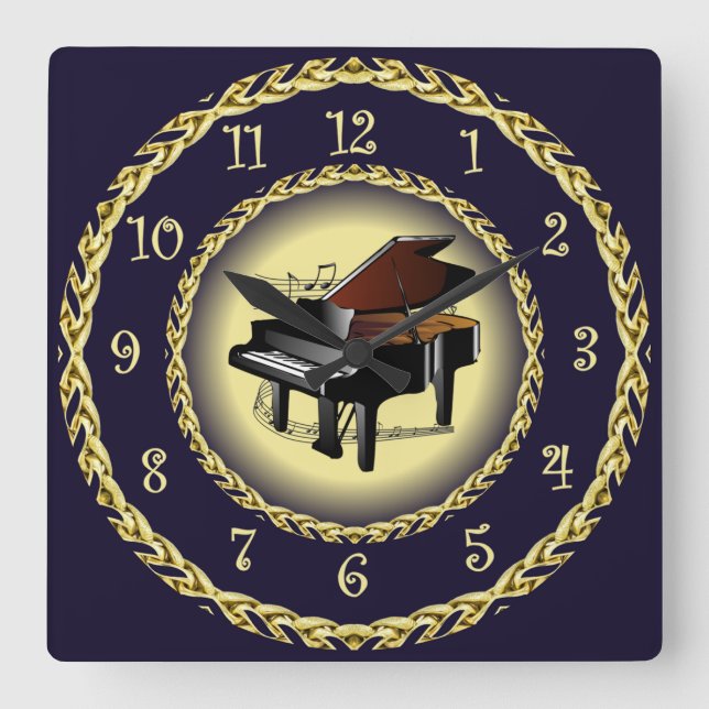Piano ~ Musical Scroll ~ Gold/Navy Blue ~  ~  Square Wall Clock (Front)