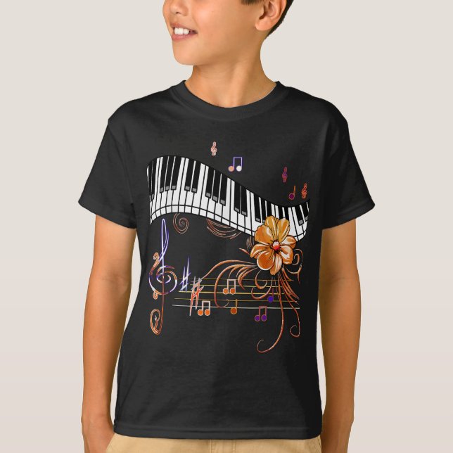 Piano Musically Keyboard Gold Flower T-Shirt (Front)