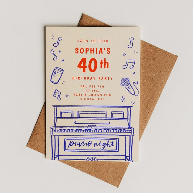 Piano Night 40th Birthday Hand-Drawn Illustrations Invitation (Piano Night 40th Birthday Hand-Drawn Illustrations Invitation)