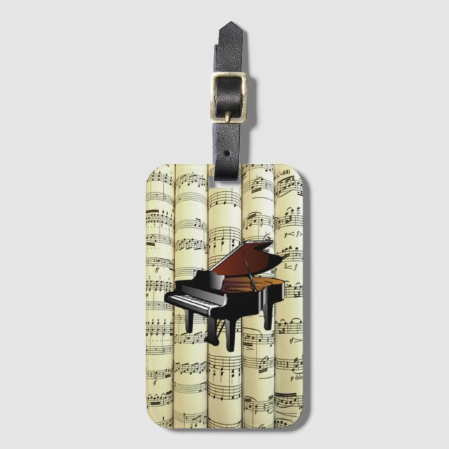 Piano On Rolled Sheet Music ~  Luggage Tag (Front Vertical)