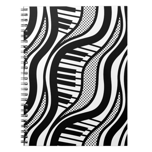 Piano Polka Waves Notebook – Musical Black & White (Front)