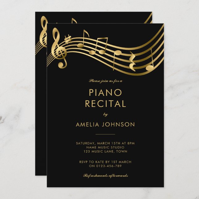 Piano Recital Gold Music Notes Elegant Invitation (Front/Back)