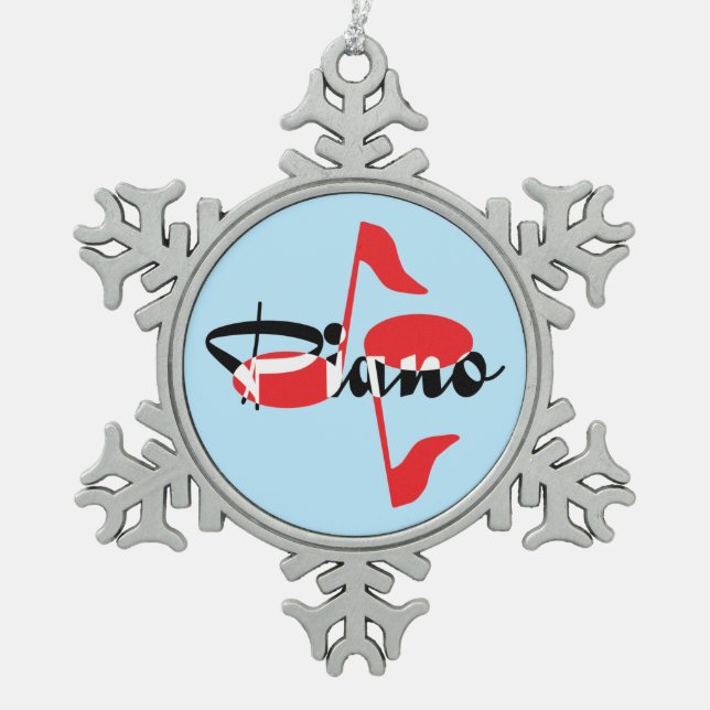 Piano Red Notes Snowflake Pewter Christmas Ornament (Front)