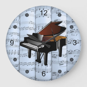 Piano ~ Rolled Sheet Music ~ Blue Tint Background Large Clock