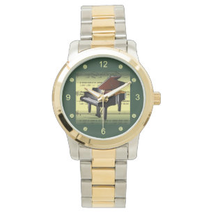 Piano ~ Rolled Sheet Music ~ Gold/Green Background Watch