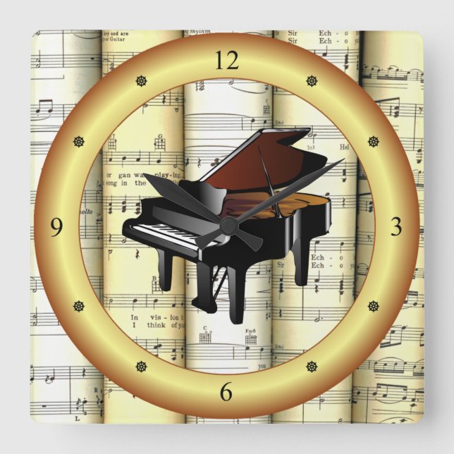 Piano ~ Rolled Sheet Music ~ Gold Ring ~ * ~ Square Wall Clock (Front)