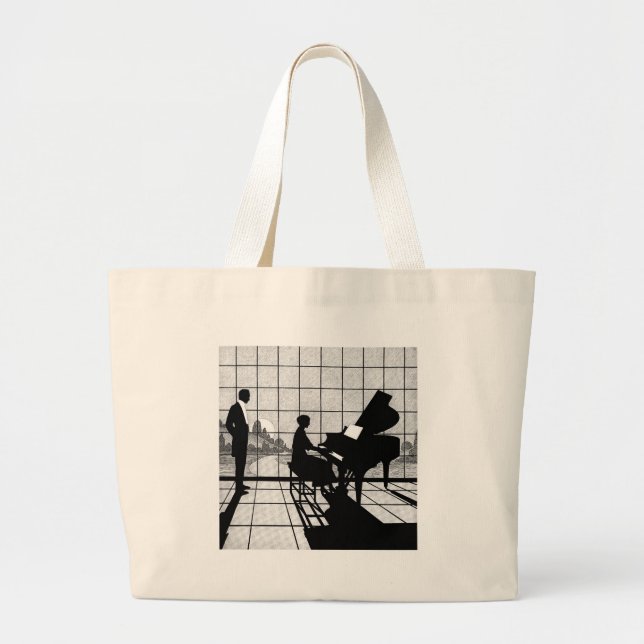 Piano Silhouette Art Deco Style | Black and White  Large Tote Bag (Front)