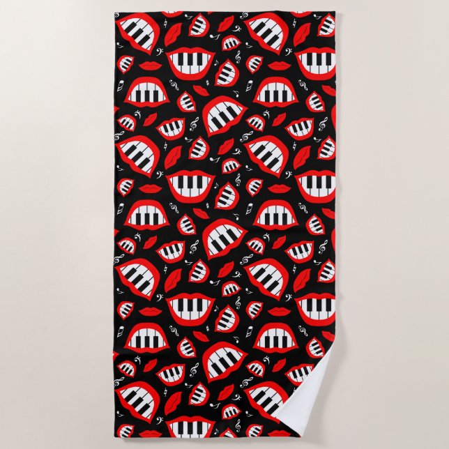 Piano smile pattern on black background beach towel (Front)