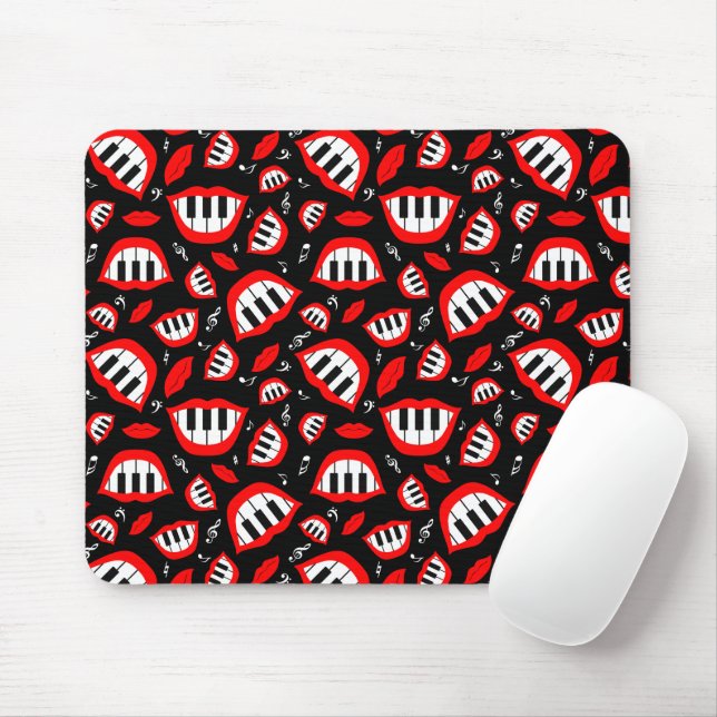Piano smile pattern on black background mouse pad (With Mouse)