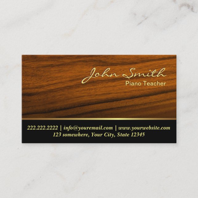Piano Teacher Elegant Dark Wood Background Music Business Card (Front)