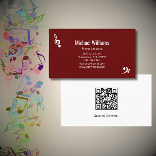 Piano Teacher Music Lessons QR code Red Business Card