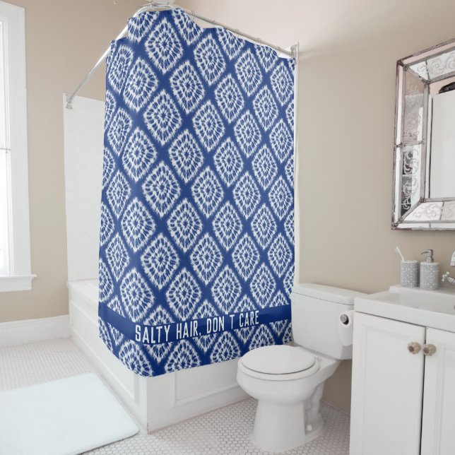PiccoGrande white shibori pattern blue custom name Shower Curtain (In Situ)