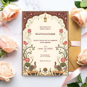 Pichwai Indian Lotus Peacock Wedding Invitation