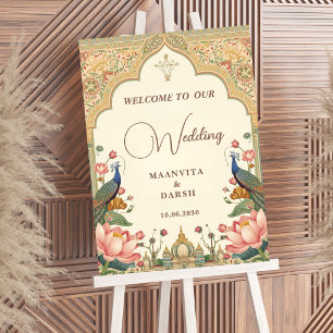 Pichwai Indian Lotus Peacock Wedding Welcome Sign