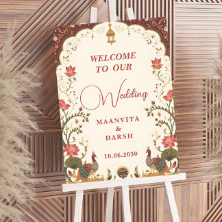 Pichwai Indian Lotus Peacock Wedding Welcome Sign