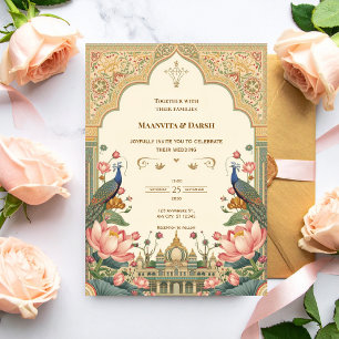 Pichwai Indian Peacock Lotus Wedding Invitation