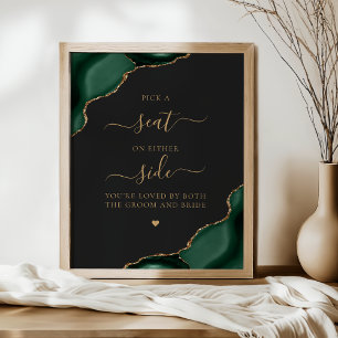 Pick a Seat Emerald Green Agate Gold Dark Wedding Poster