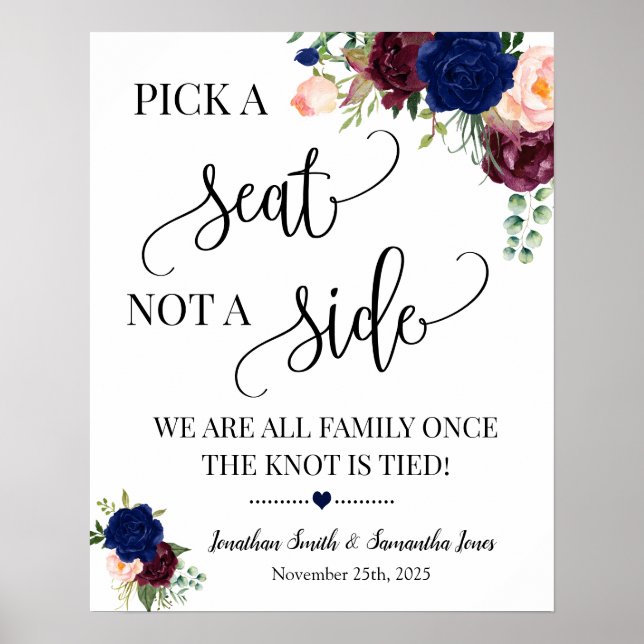 Pick a seat not a side wedding ceremony navy sign (Front)