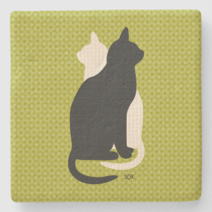 Pick Colour Black White Cat Duo Yin Yang Style Stone Coaster