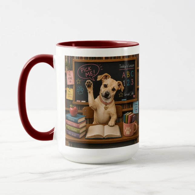 Pick Me! Cute School Dog Raising Paw Mug (Left)