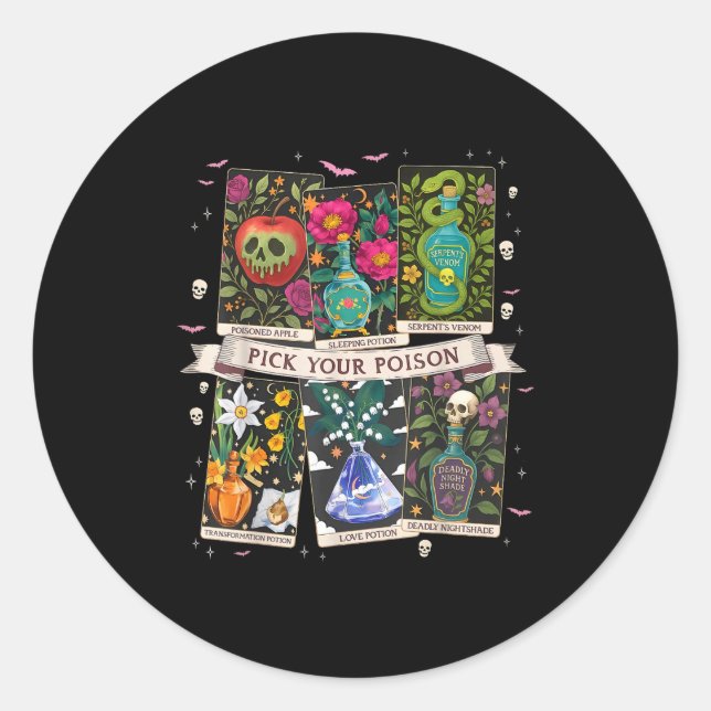 Pick poison's funny drink potion's happy halloween classic round sticker (Front)