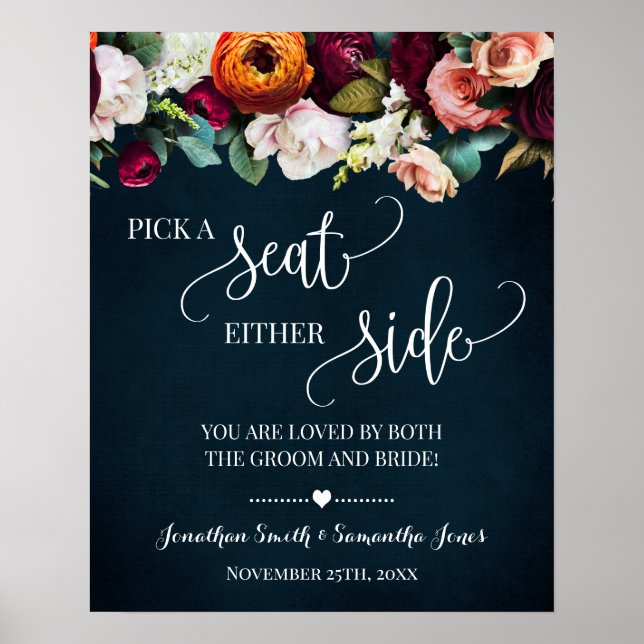 Pick Seat Either Side Wedding Wine Navy Sign (Front)