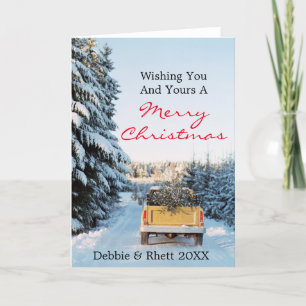 Pick up truck with pine tree on back holiday card