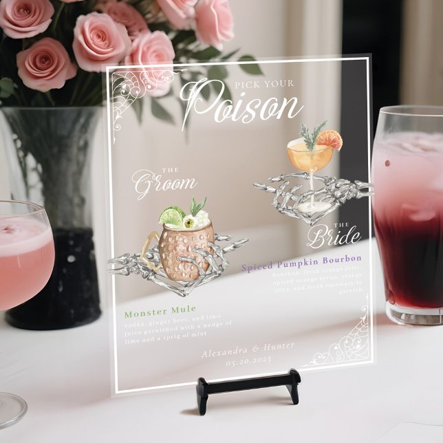 Pick Your Poison Skeleton Bride & Groom Cocktails Acrylic Sign (Pick Your Poison Skeleton Bride & Groom Cocktails Acrylic Sign)