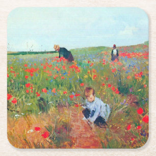 Picking Flowers in a Field, Mary Cassatt Square Paper Coaster
