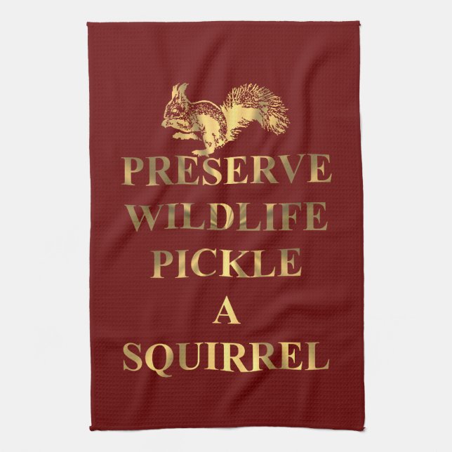 Pickle a squirrel (on any colour) tea towel (Vertical)