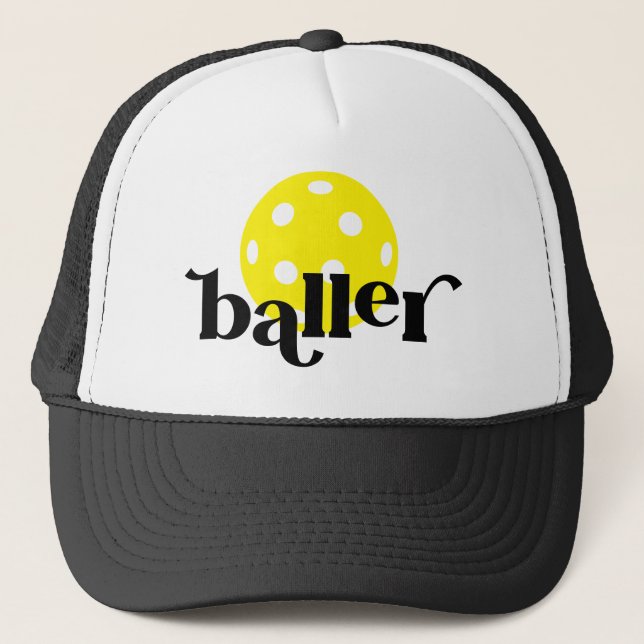 Pickle Baller Funny Black and White Trucker Hat (Front)