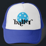 Pickle Baller Funny Blue Trucker Hat<br><div class="desc">Funny pickle baller blue and cyan trucker hat with bright yellow editable colours pickleball icon and "baller" in a trendy bouncy serif block font,  perfect for the pickleball player.</div>