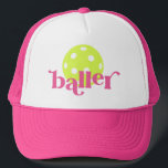 PIckle Baller Funny Pink Trucker Hat<br><div class="desc">Funny pickle baller pink trucker hat with bright yellow editable colours pickleball icon and "baller" in a trendy bouncy serif block font,  perfect for the pickleball player girl or woman.</div>