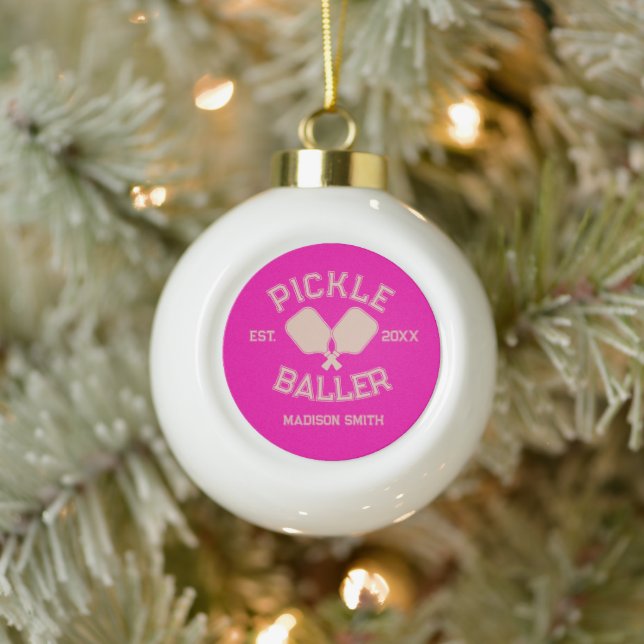 Pickle Baller Pickleball Collegiate Typography Ceramic Ball Christmas Ornament (Tree)