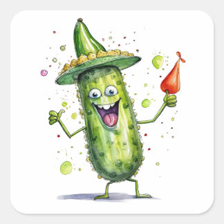 Pickle Cucumbers wearing Birthday Hats Square Sticker