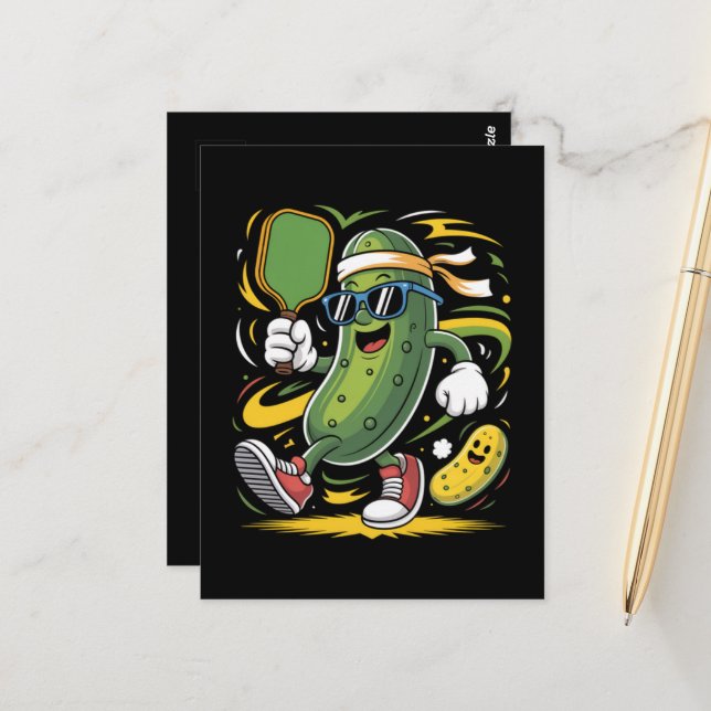 Pickle Playing Pickleball Postcard (Front/Back In Situ)